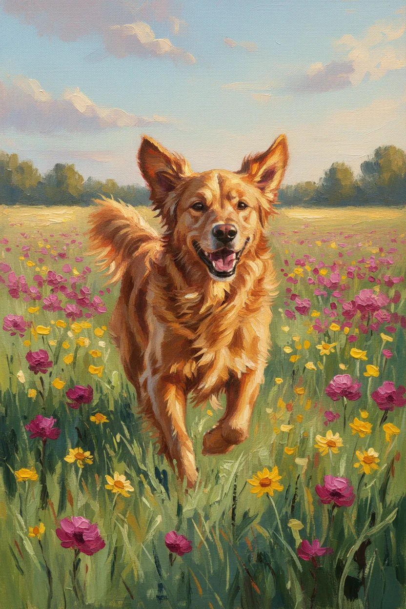 A happy dog running through a vibrant wildflower meadow