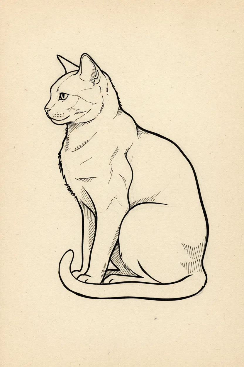 A black ink line drawing of a cat in profile on cream paper