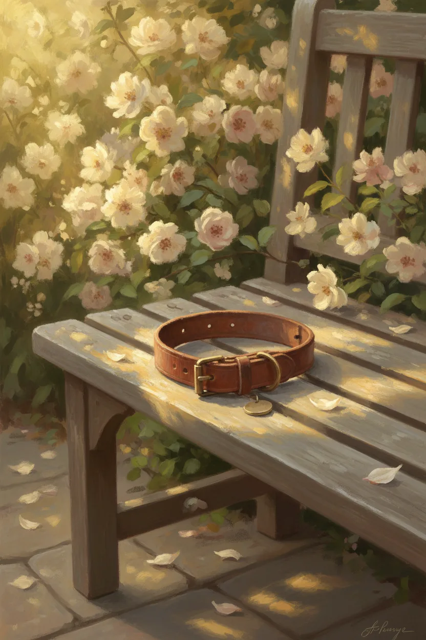 A pet collar resting on a sun-dappled bench in a flowering garden