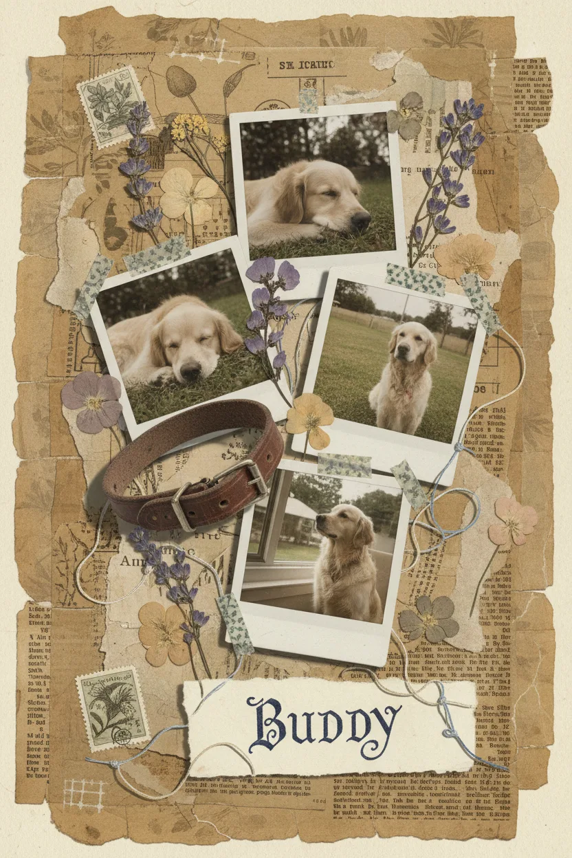 A mixed-media collage with Polaroid photos of a pet, dried flowers, and a leather collar