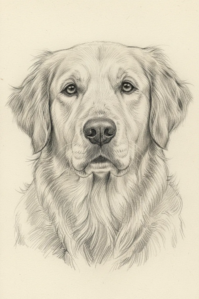 A pencil and charcoal portrait of a noble golden retriever on cream paper