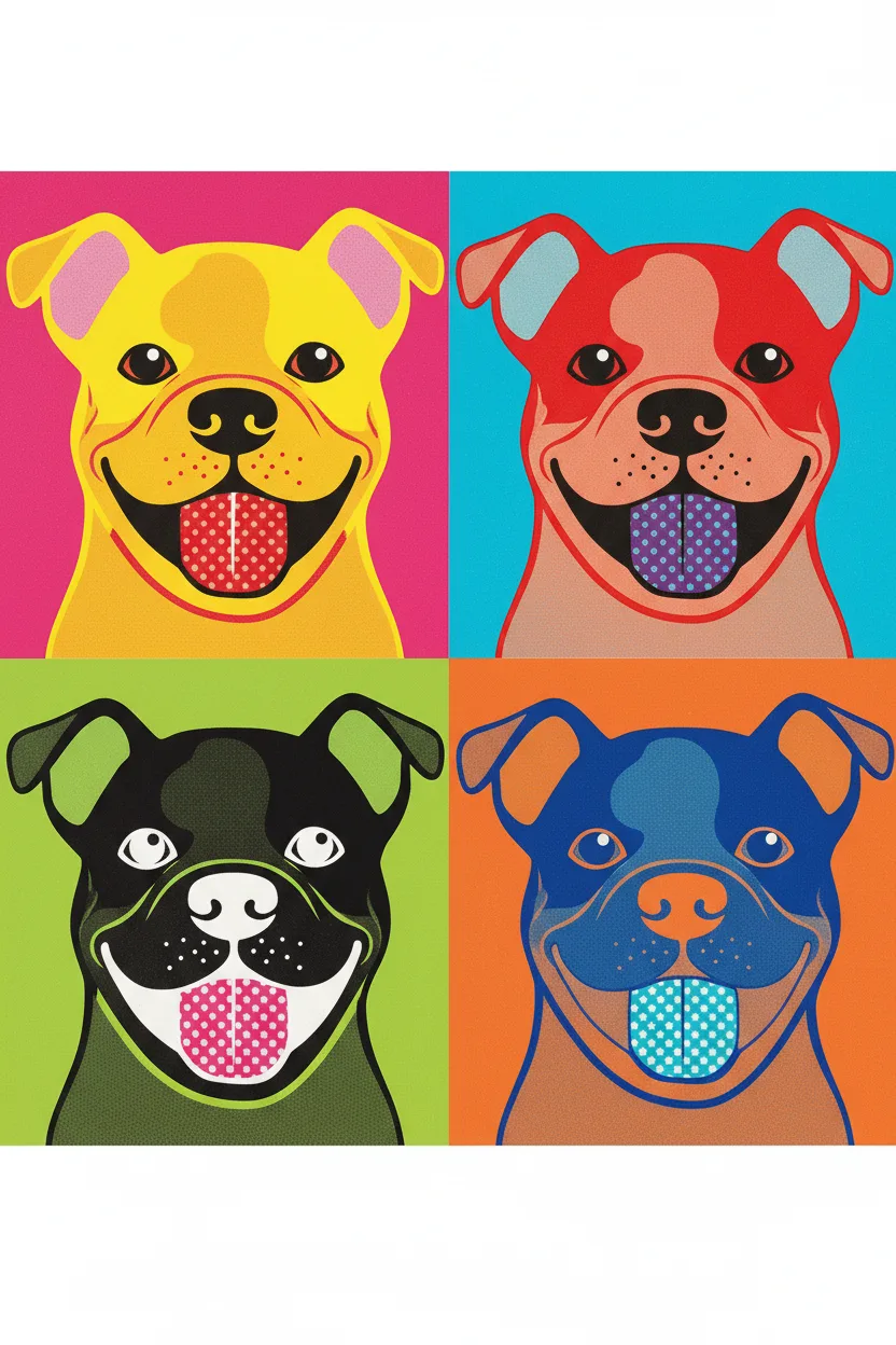 A pop-art quadrant screenprint of a dog portrait in four bold color combos