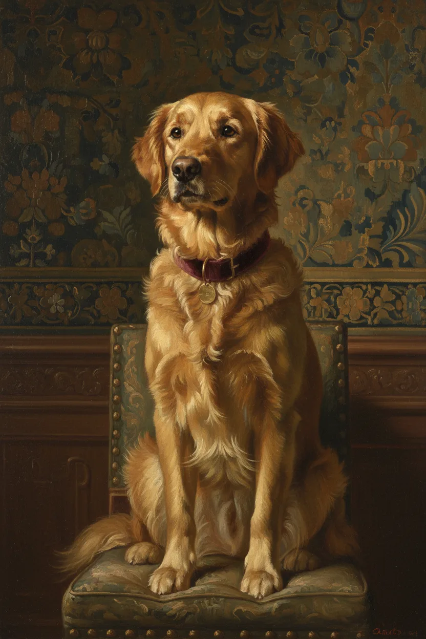 Regal Dutch-master oil portrait of a noble golden retriever