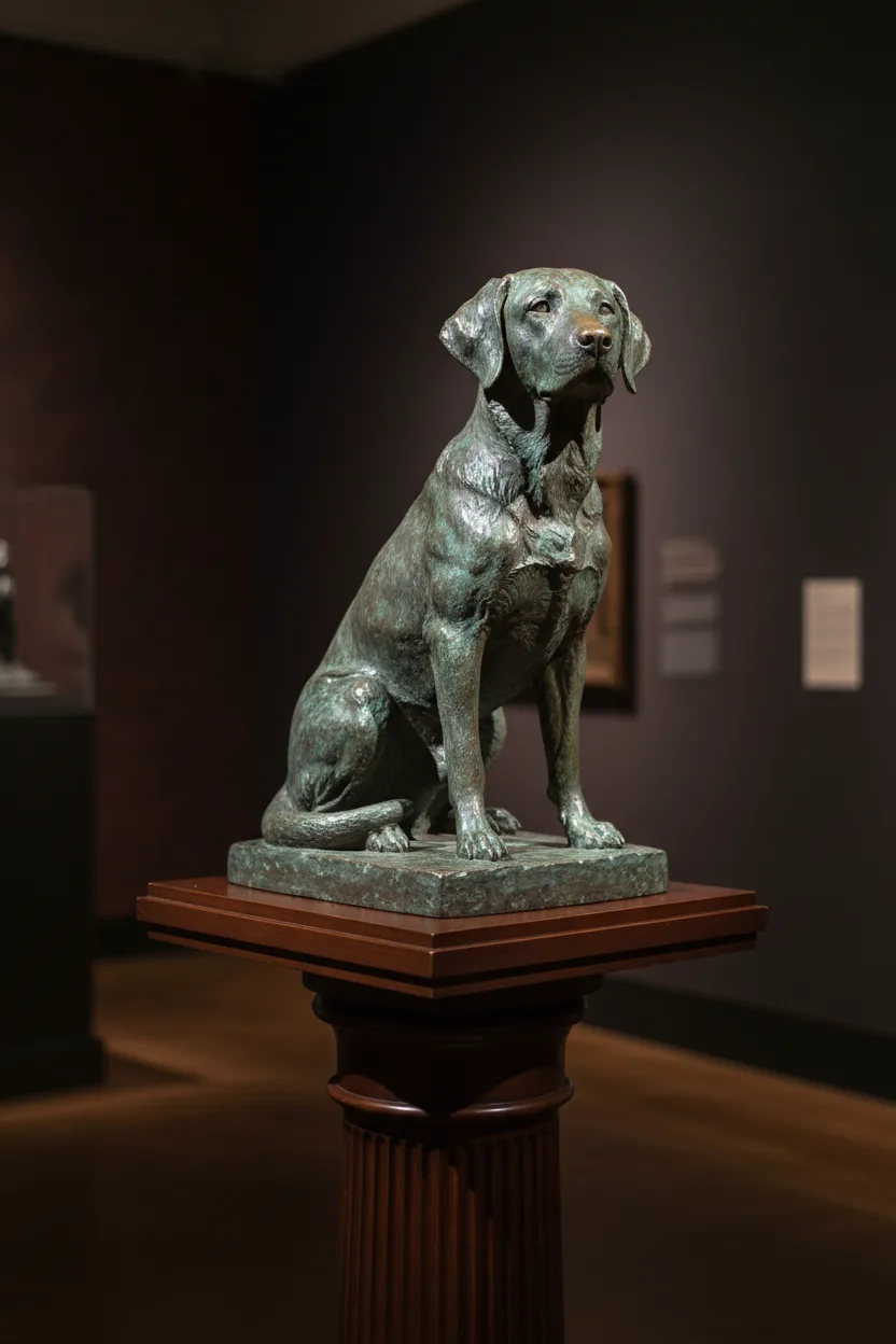 A bronze sculpture of a sitting Labrador on a wooden gallery pedestal