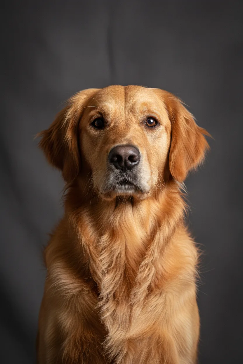 A studio portrait of a noble golden retriever against charcoal