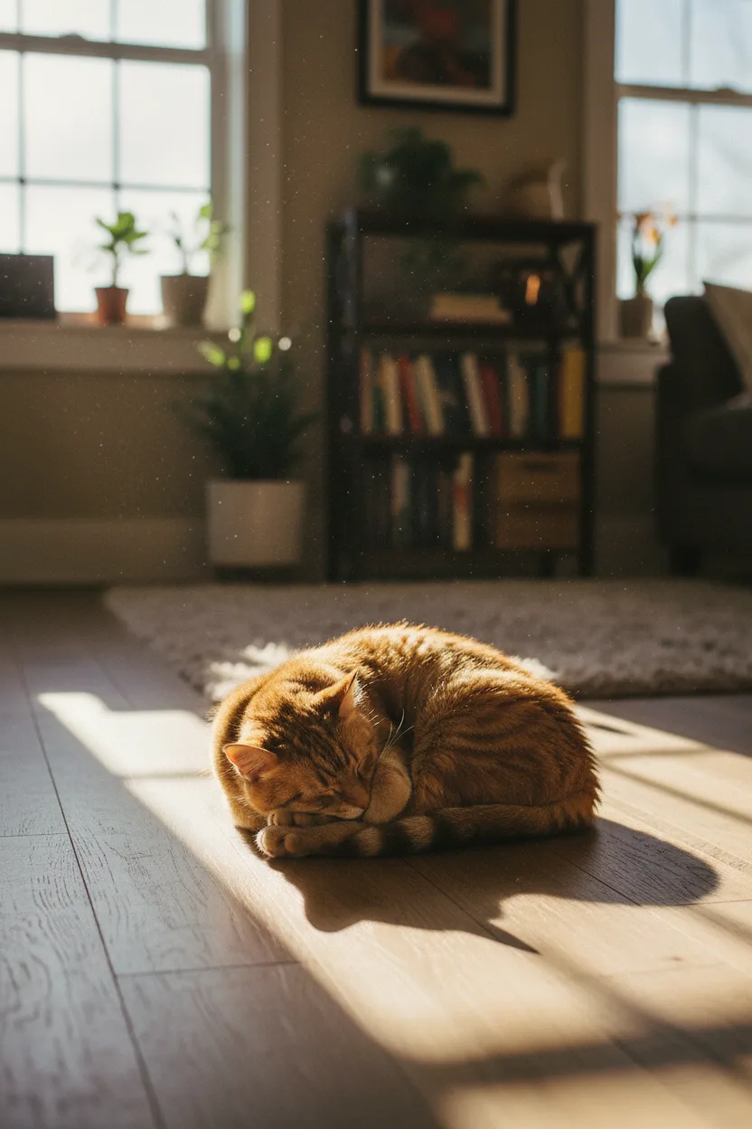 A tabby cat sleeping in a sunbeam on a wood floor