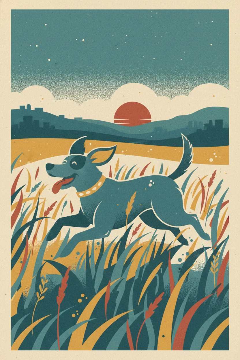 A vintage mid-century travel-style poster of a happy dog running through tall grass