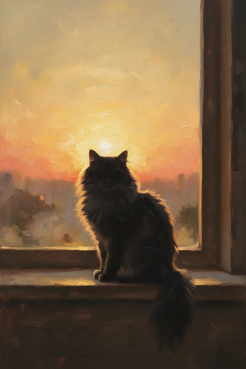 A long-haired cat silhouetted at a sunset window