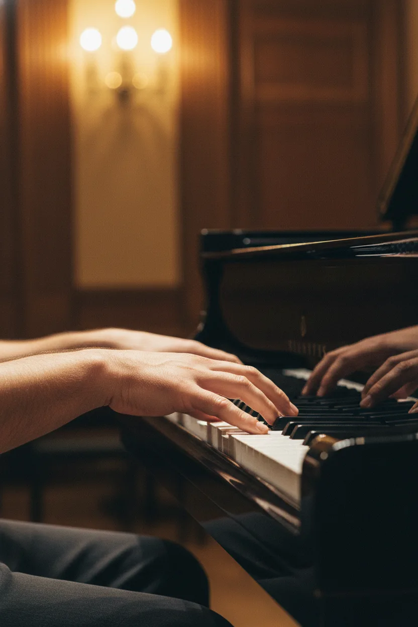 A real photograph of an adult's hands playing a grand piano keyboard