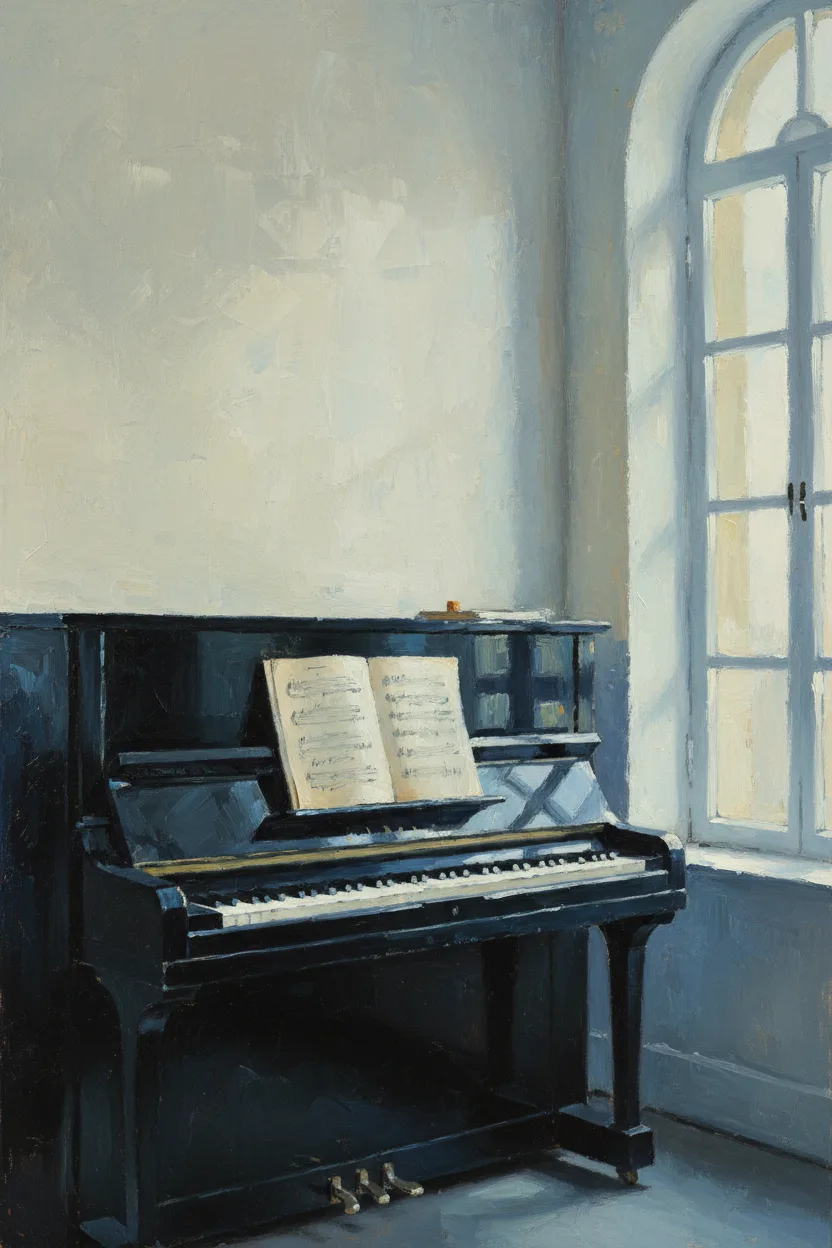 A black upright piano with cool morning light streaming onto the keys