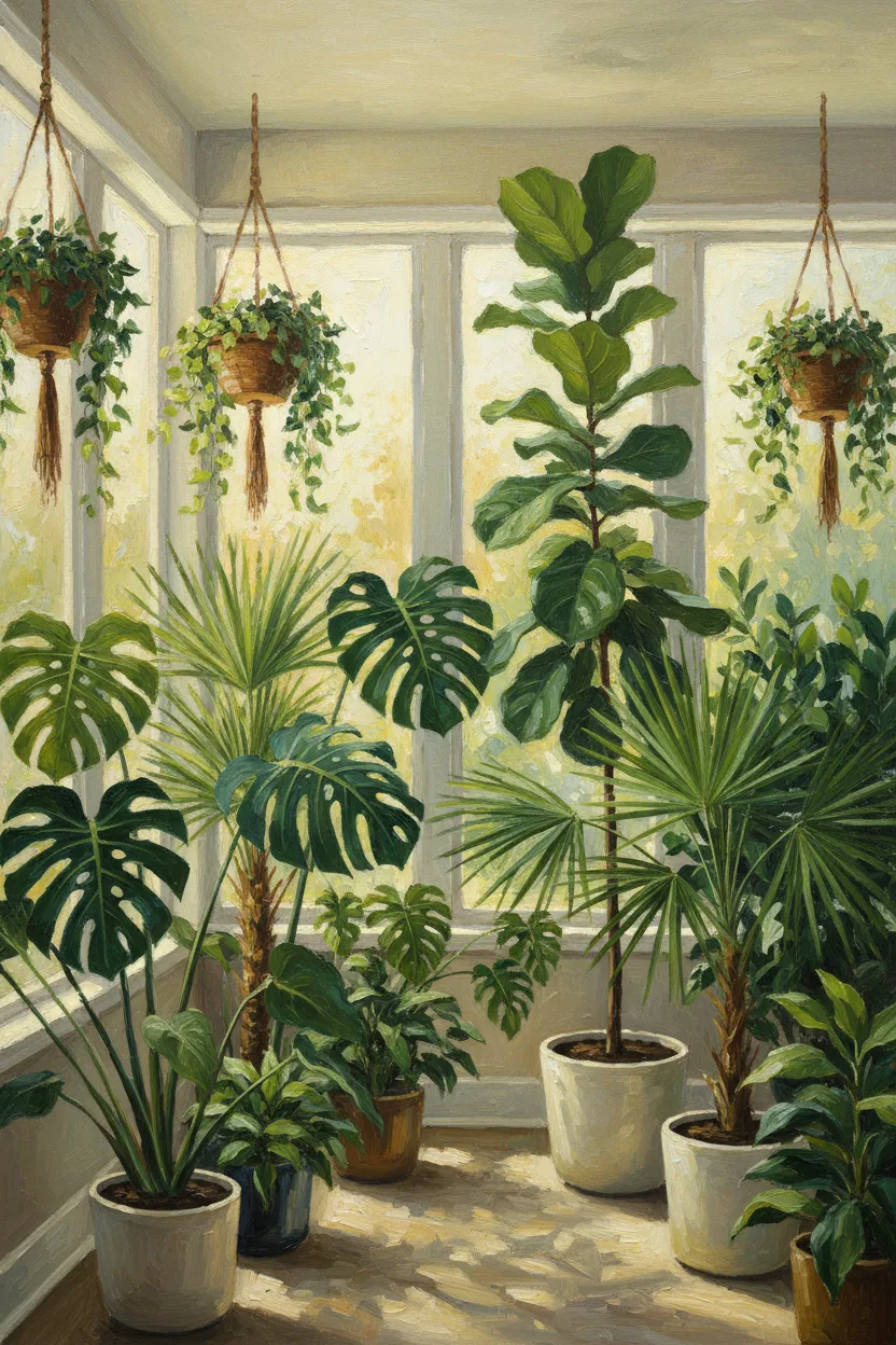 A bright sunroom overflowing with vibrant green houseplants