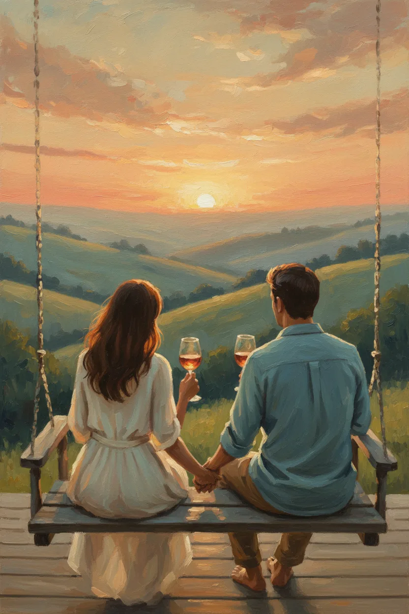 A couple on a porch with wine watching a deep sunset