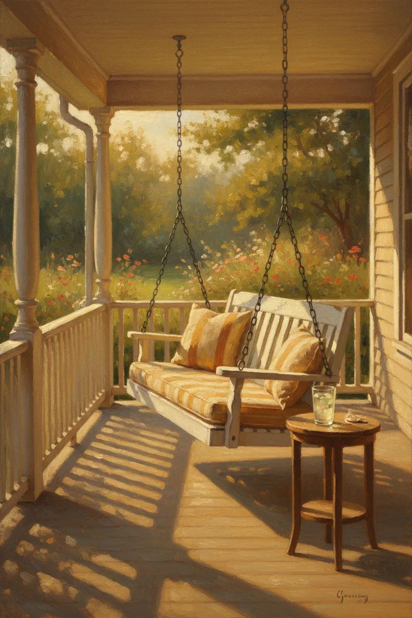 A classic white wooden porch swing with striped cushions at golden hour