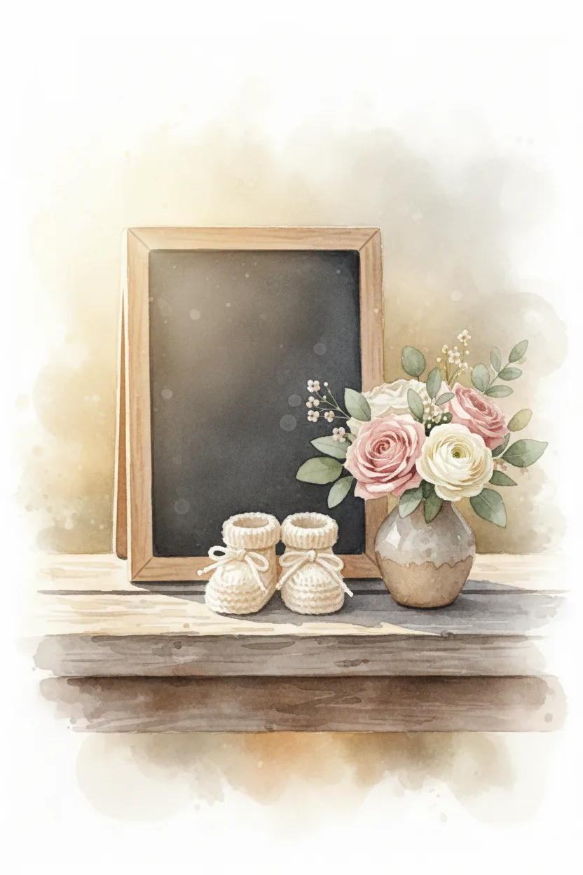 A chalkboard sign with tiny baby shoes and pastel flowers