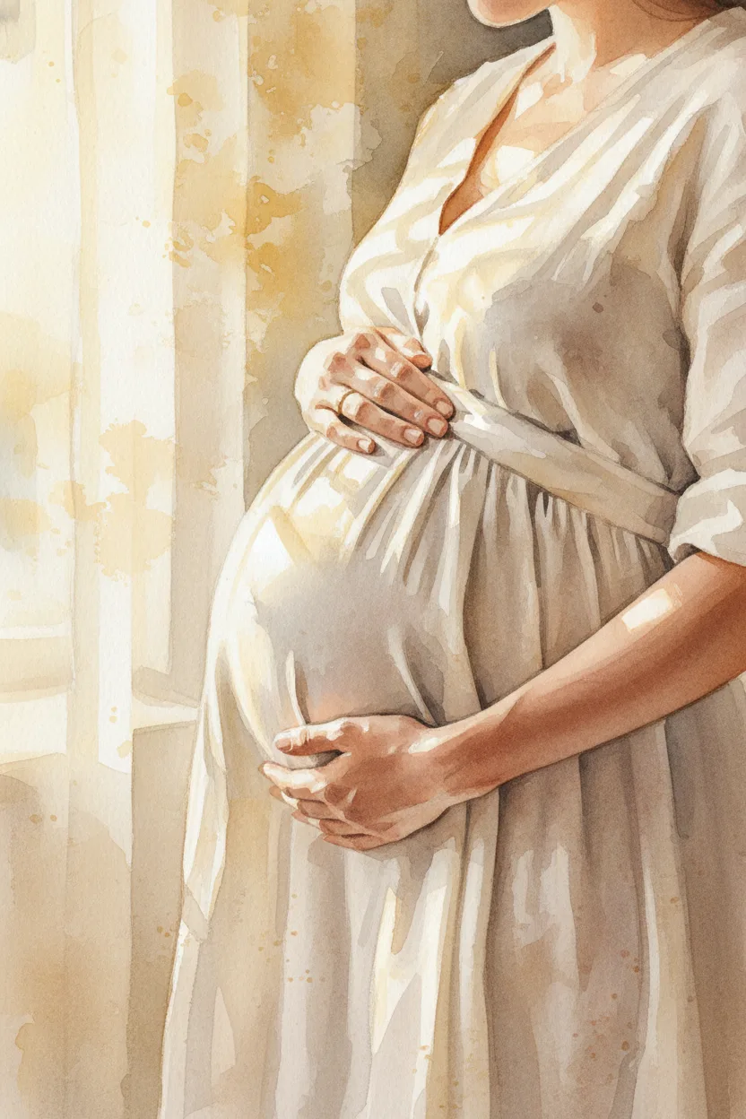 An expectant parent's hands cradling a pregnant belly in soft light