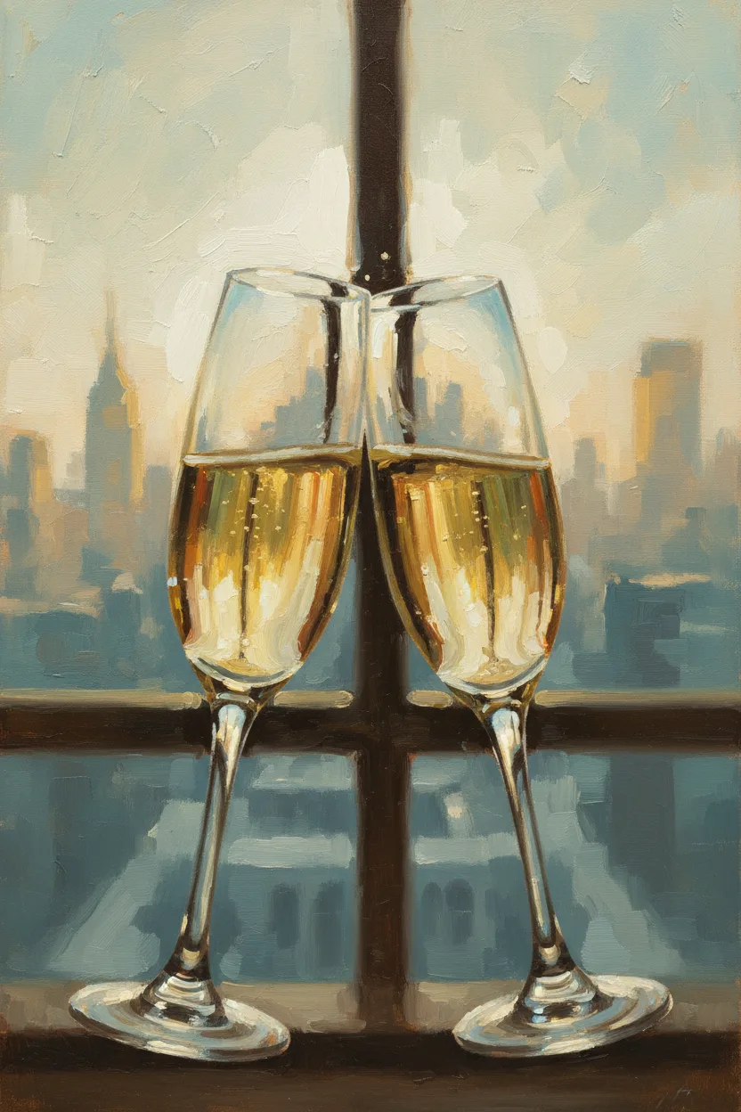 Two champagne flutes clinking in warm light with city skyline