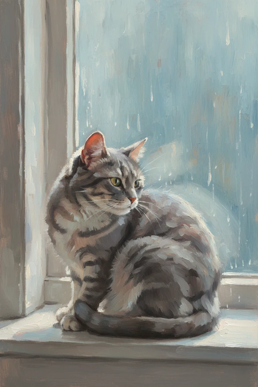A serene cat watching rain from a windowsill