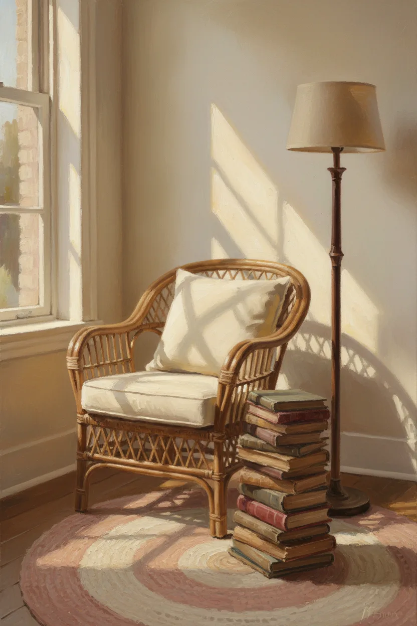 A rattan armchair beside vintage books and a warm floor lamp