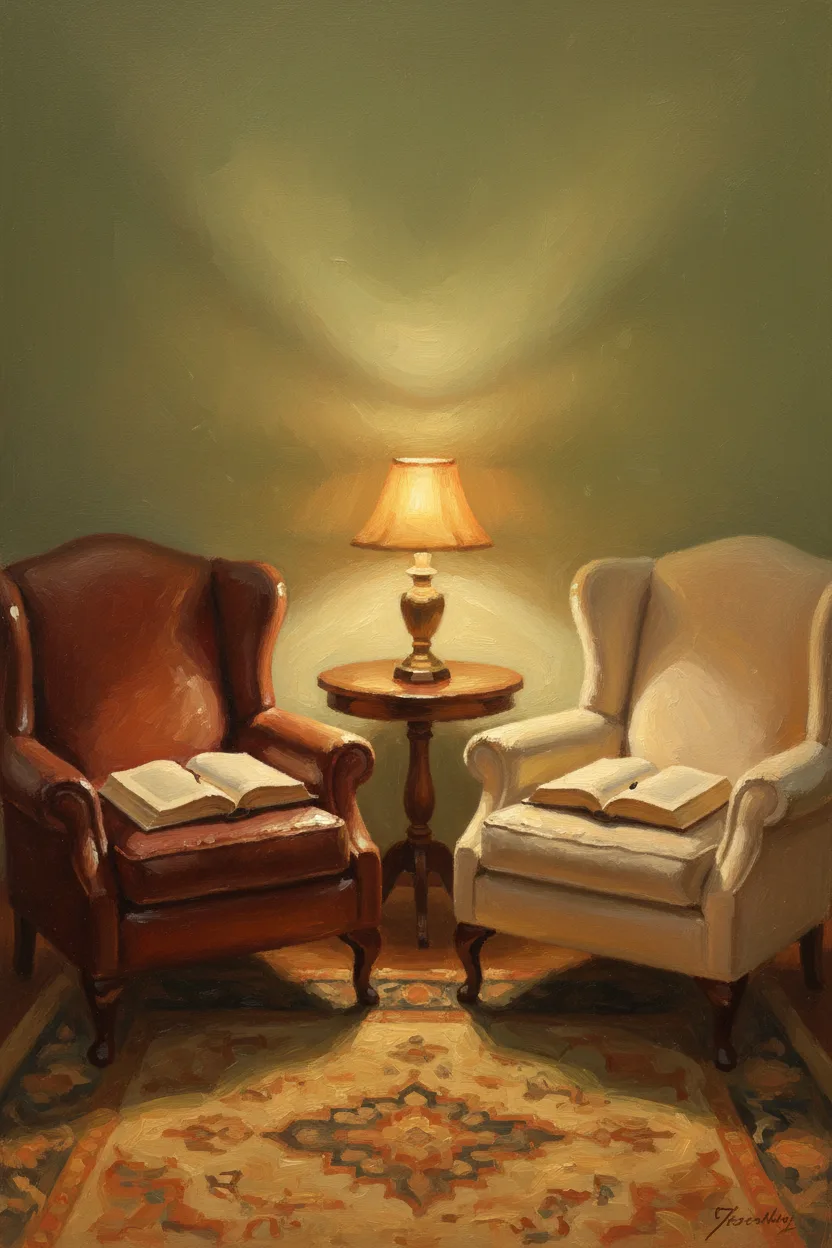 Two armchairs facing each other with open books and warm lamp light