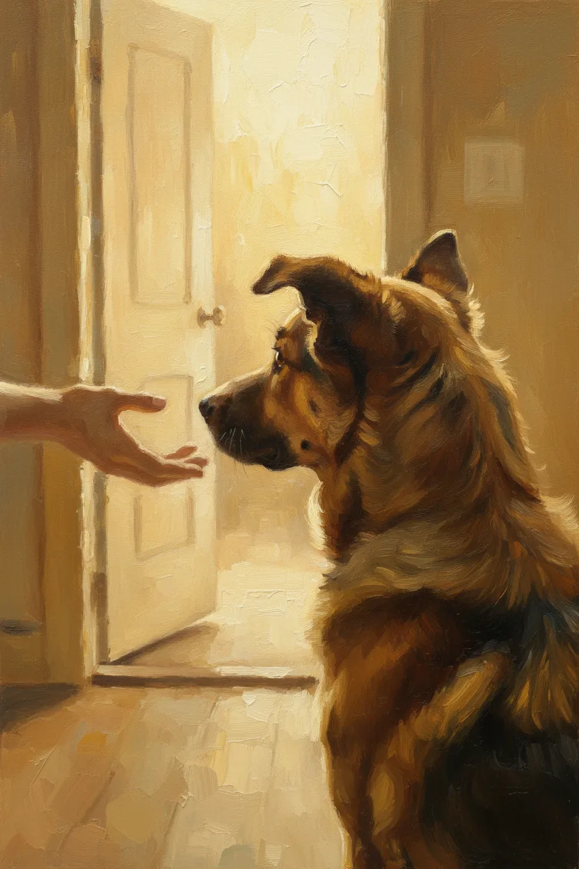 A faceless hand welcoming a rescue dog at golden hour