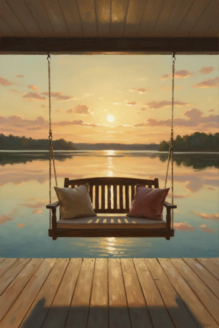 A wooden porch swing overlooking a peaceful sunset lake