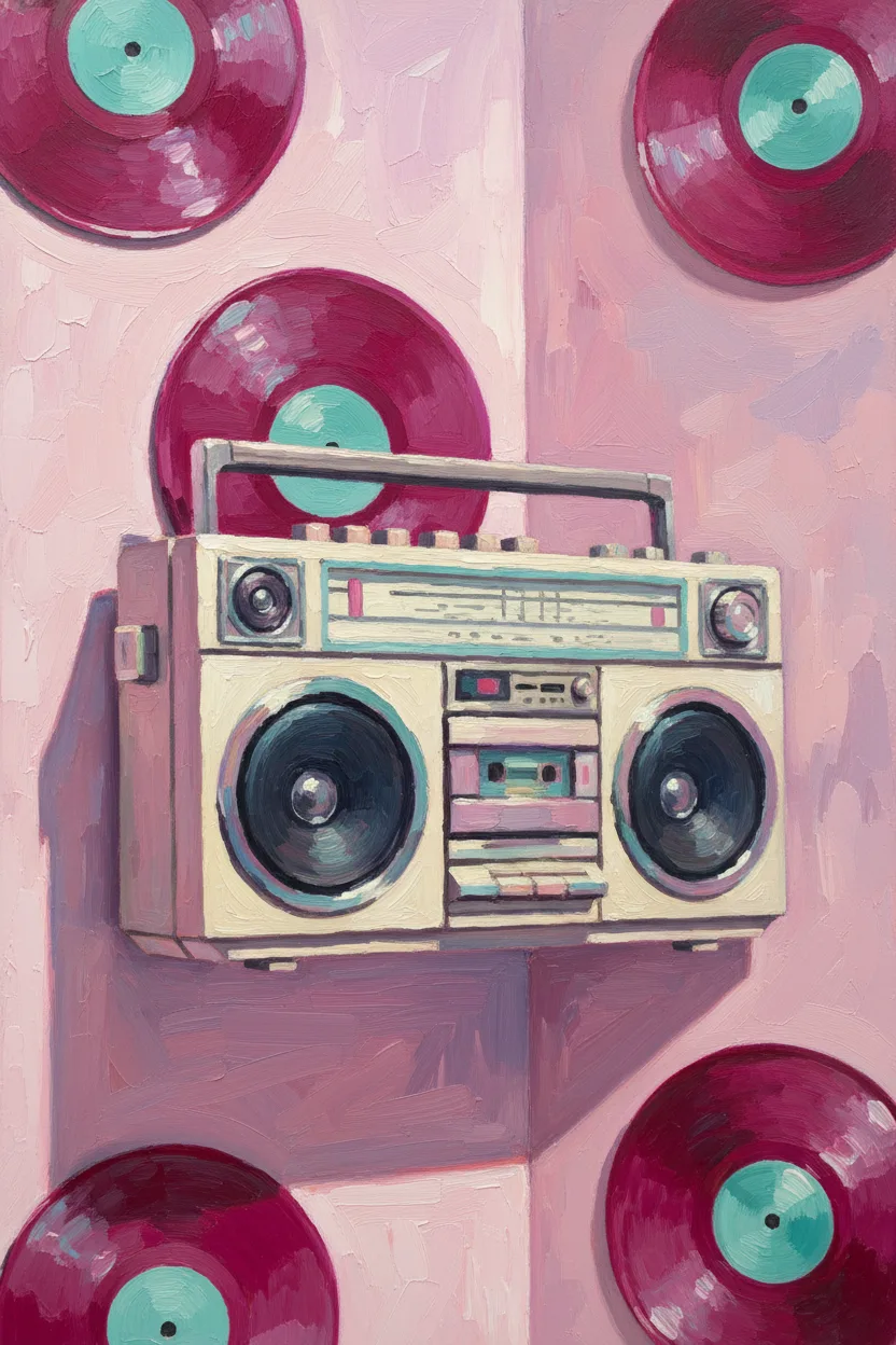 A vintage 1980s boombox with vinyl records on a pastel wall