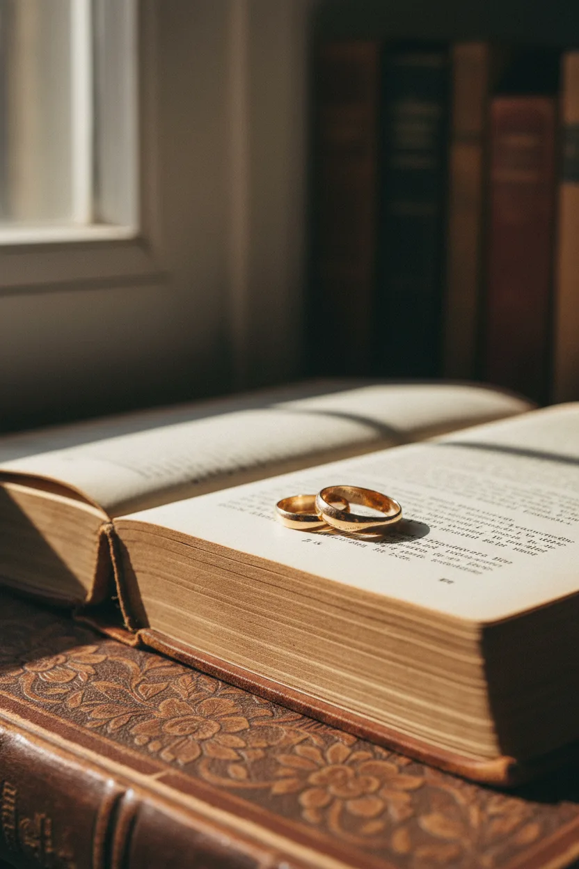 A real photograph of two gold wedding bands resting on an open vintage book