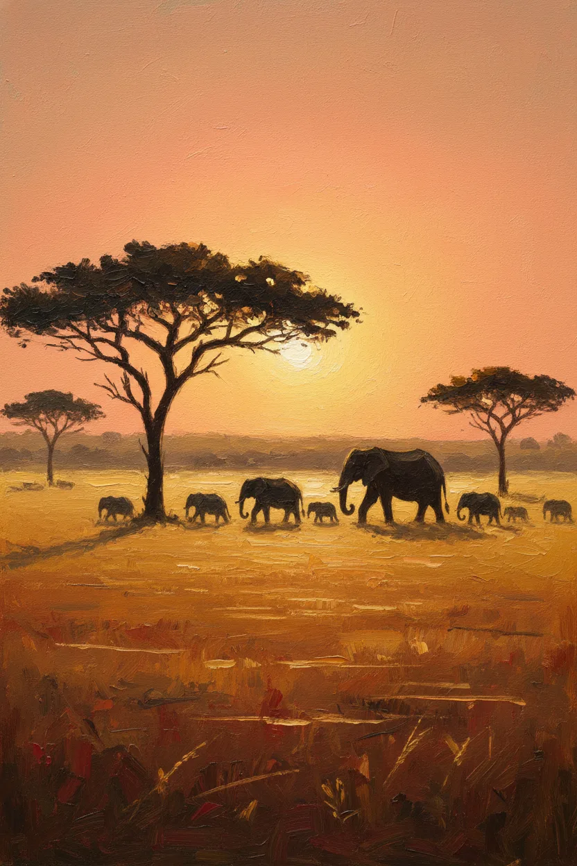 African savanna at sunset with silhouetted elephants