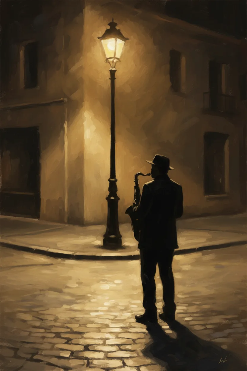 A silhouetted saxophone player under a warm streetlamp at night