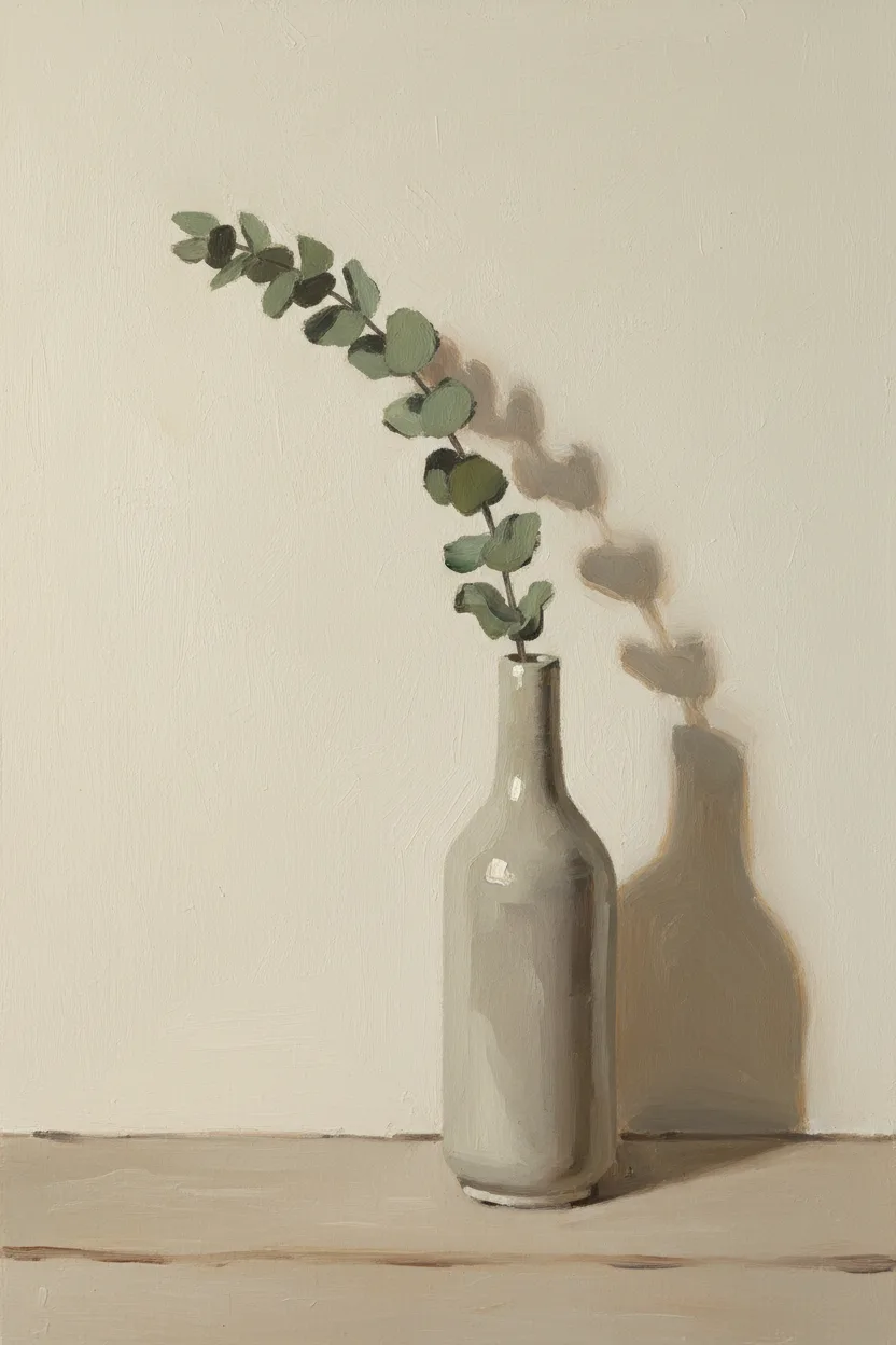 A dried eucalyptus branch in a slim ceramic vase against a cream wall