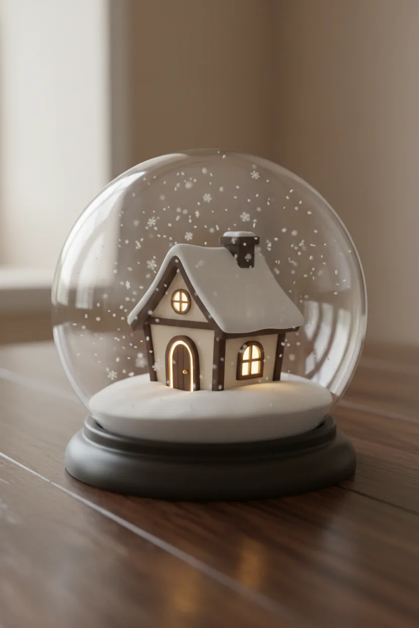 A 3D CGI render of a winter snow-globe with tiny cottage inside