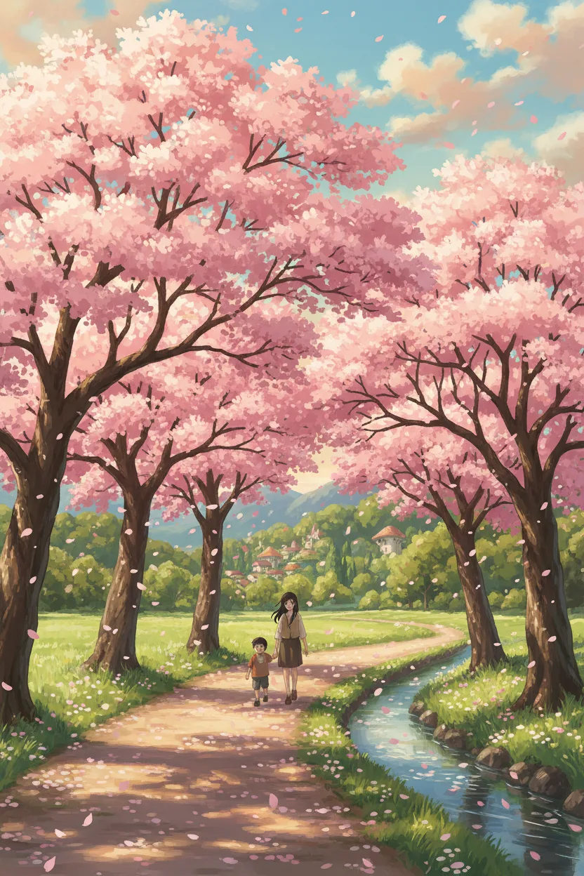 An anime scene of a path beneath full-bloom cherry blossoms