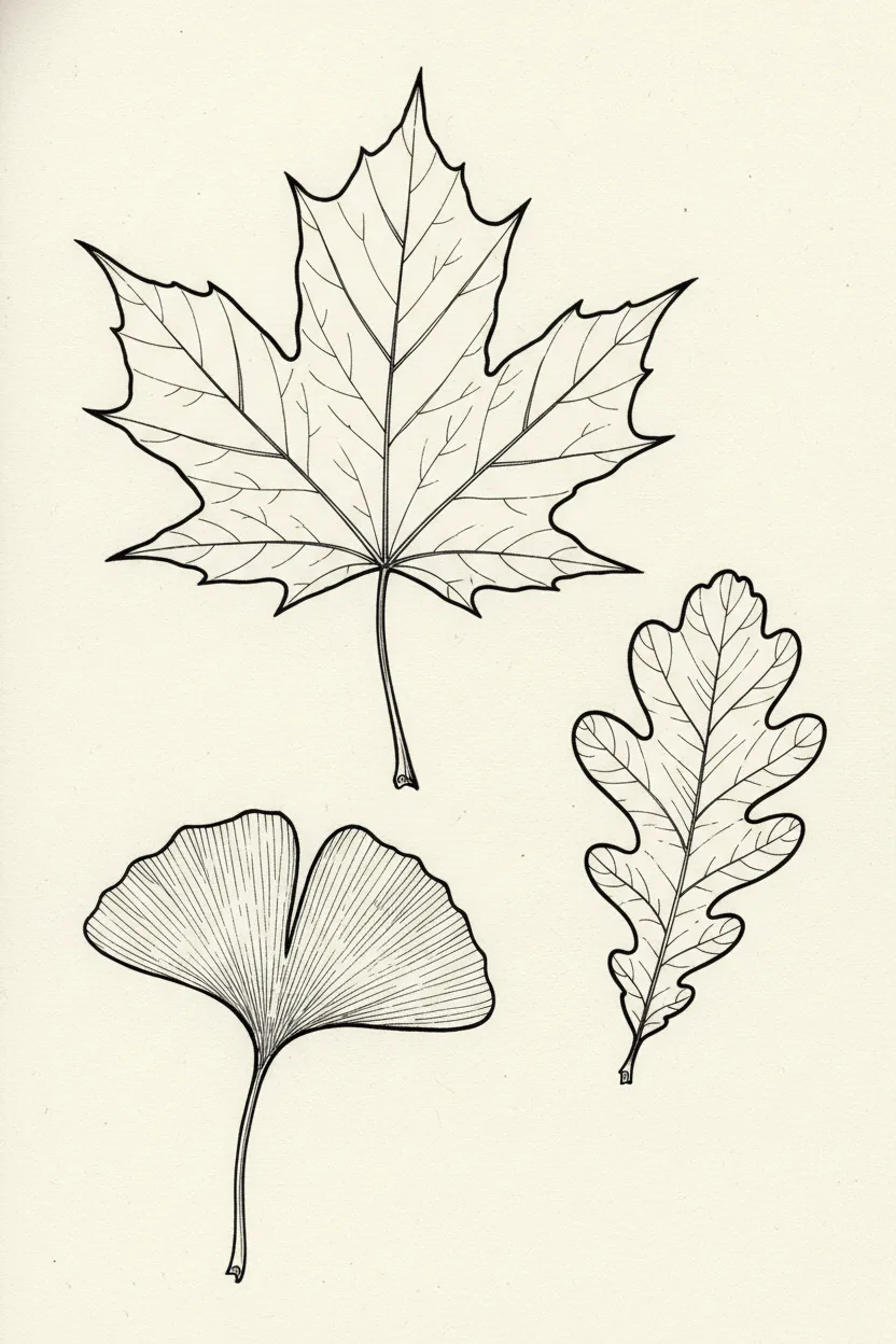 A black ink line drawing of three autumn leaves on cream paper