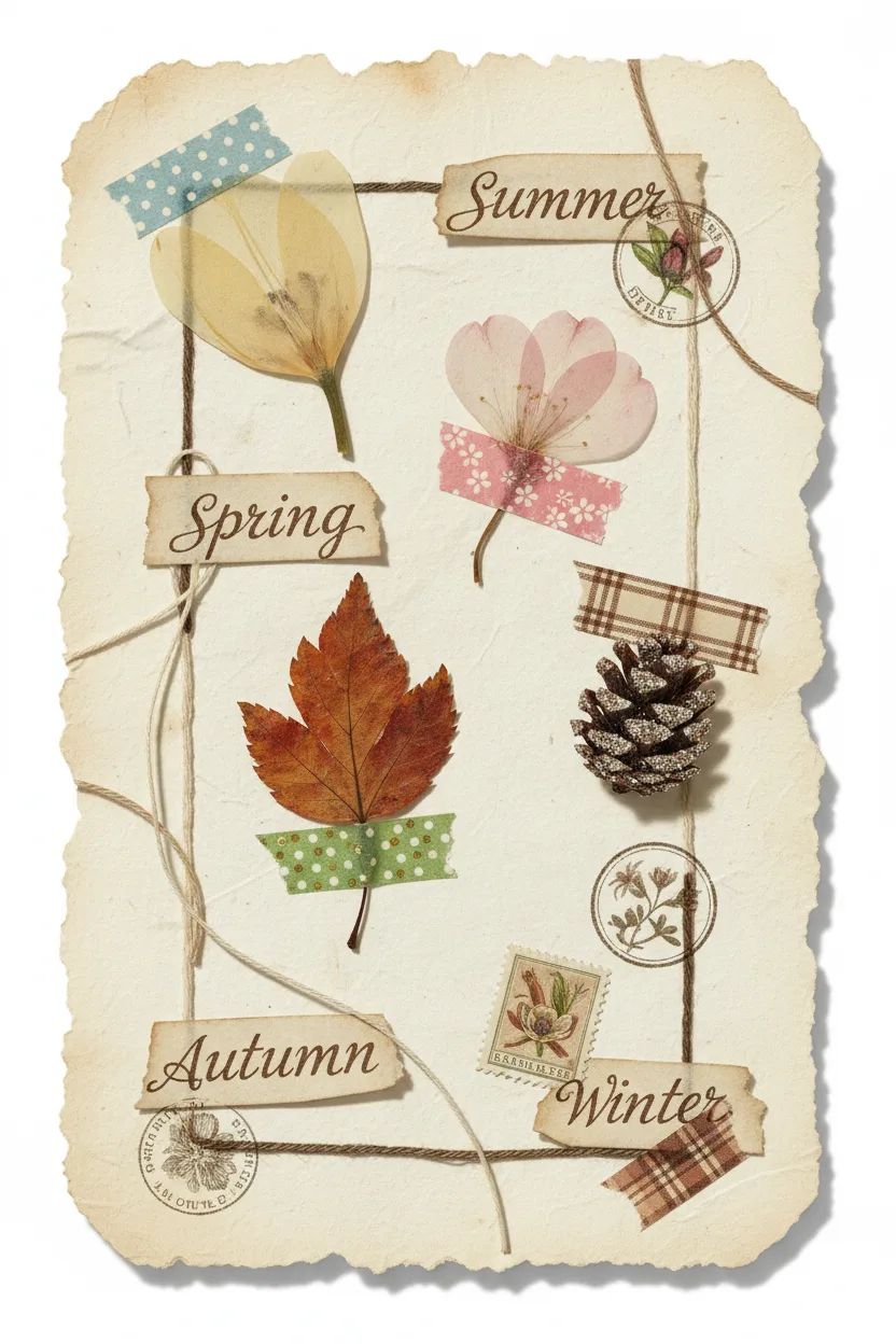 A mixed-media collage with petals, leaf, pinecone, tulip pressing