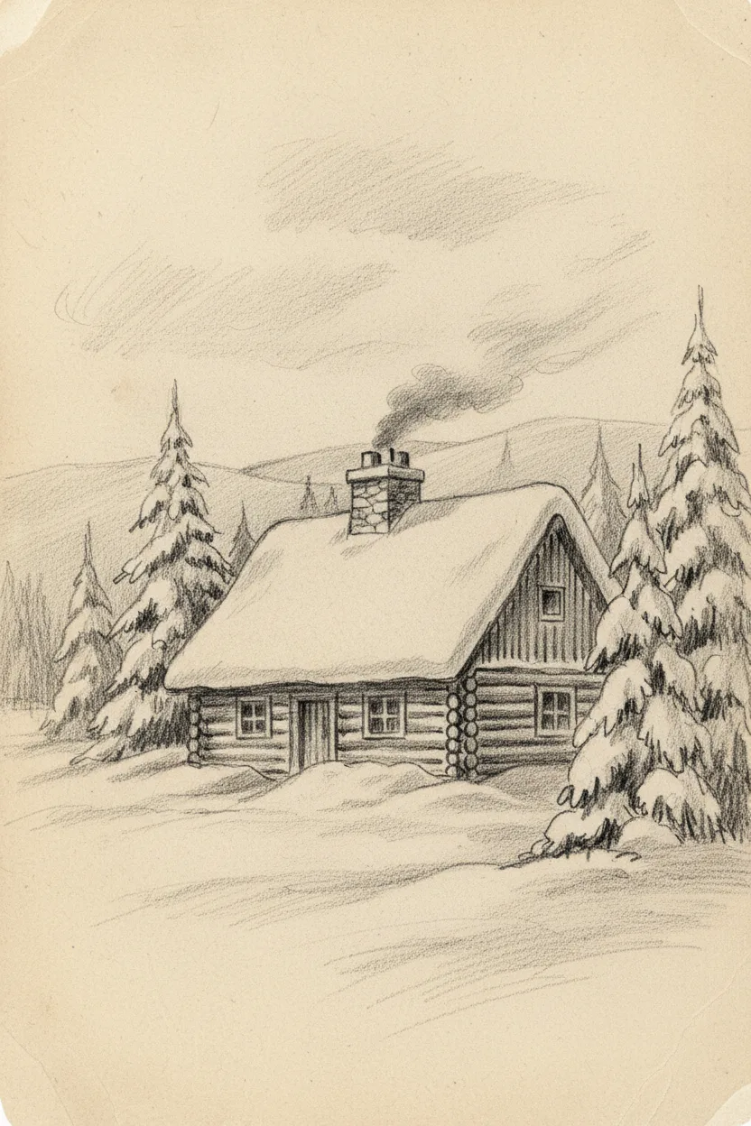 A pencil sketch of a snowy winter cottage with smoke from chimney