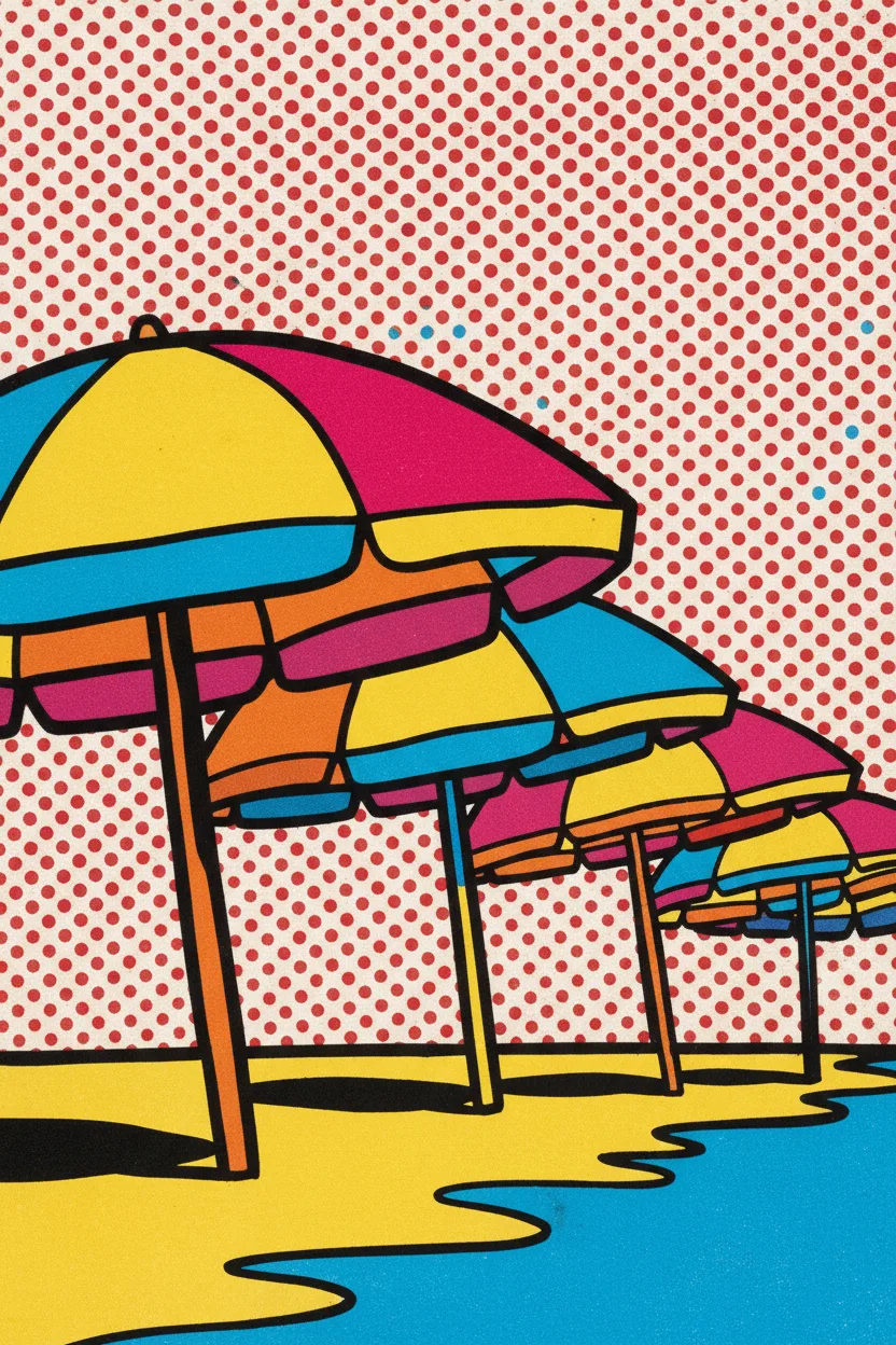 A pop-art screenprint of stylized summer beach umbrellas in a row