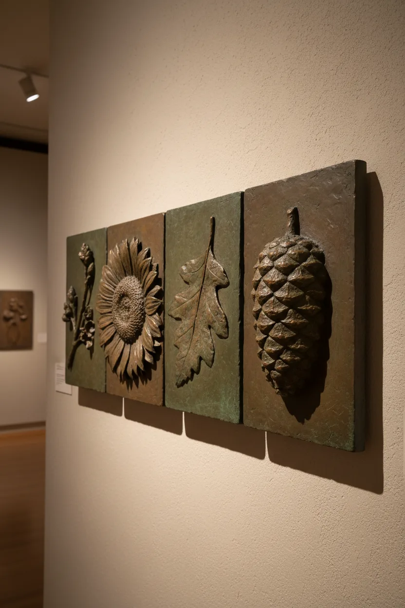 A bronze relief sculpture of the four seasons in panels