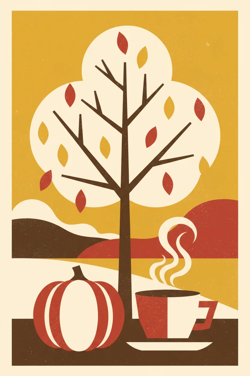 A vintage 1950s autumn poster with stylized tree, pumpkin, coffee cup
