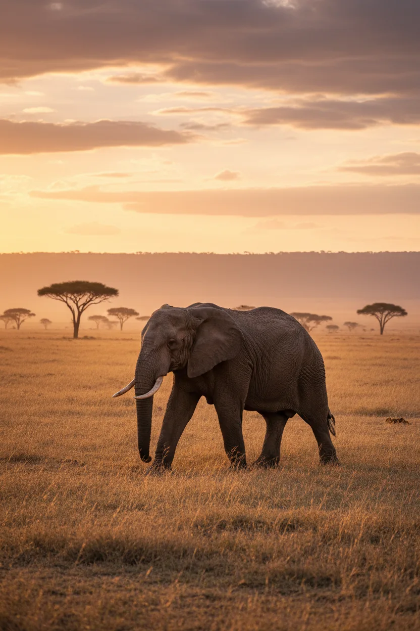 A real wildlife photograph of an African elephant walking the Serengeti at golden hour