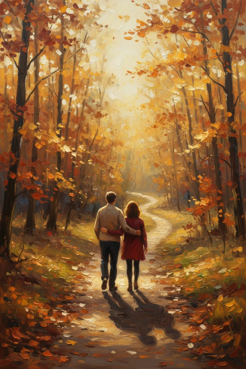 Two siblings arm-in-arm walking a country path in autumn