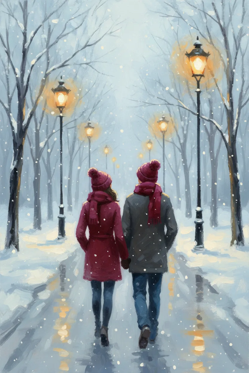 A couple in scarves walking a snow-covered tree-lined street at twilight