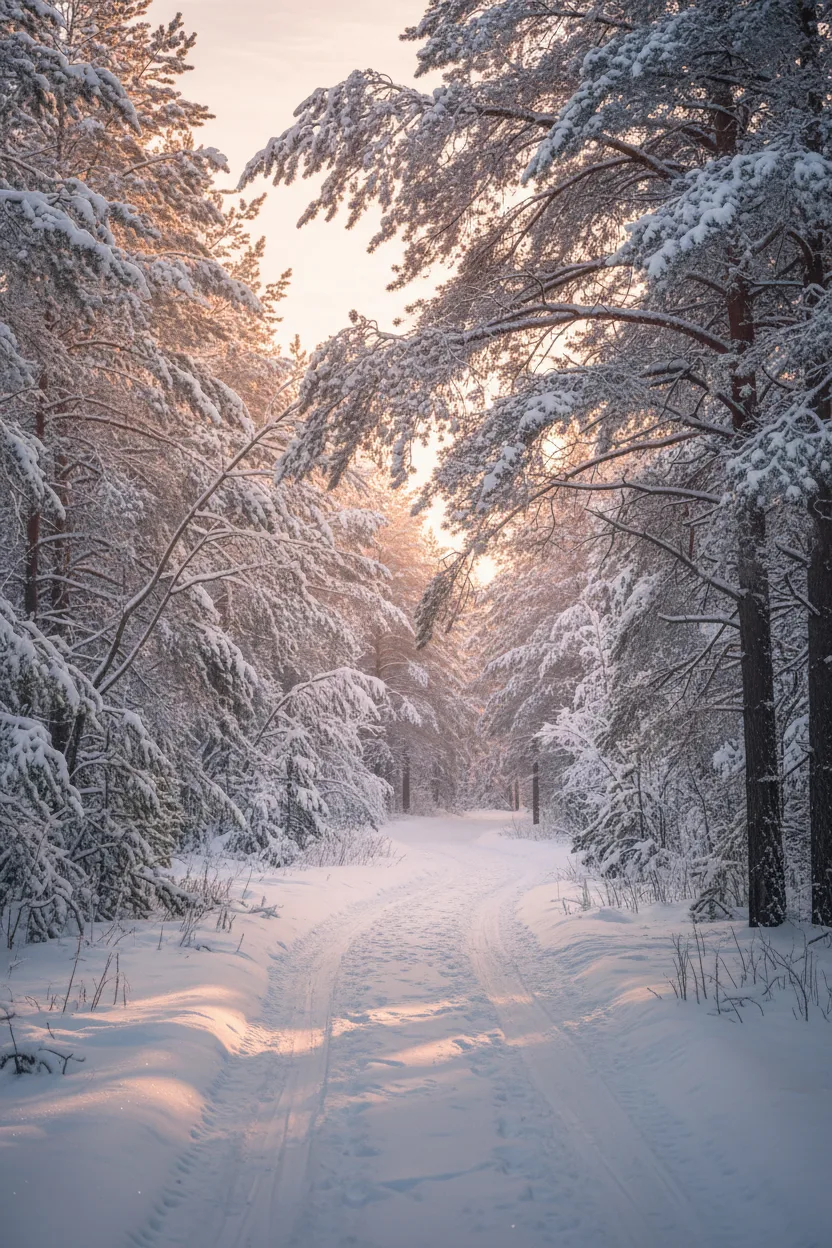 A real photograph of a path winding through a snow-covered pine forest at sunrise