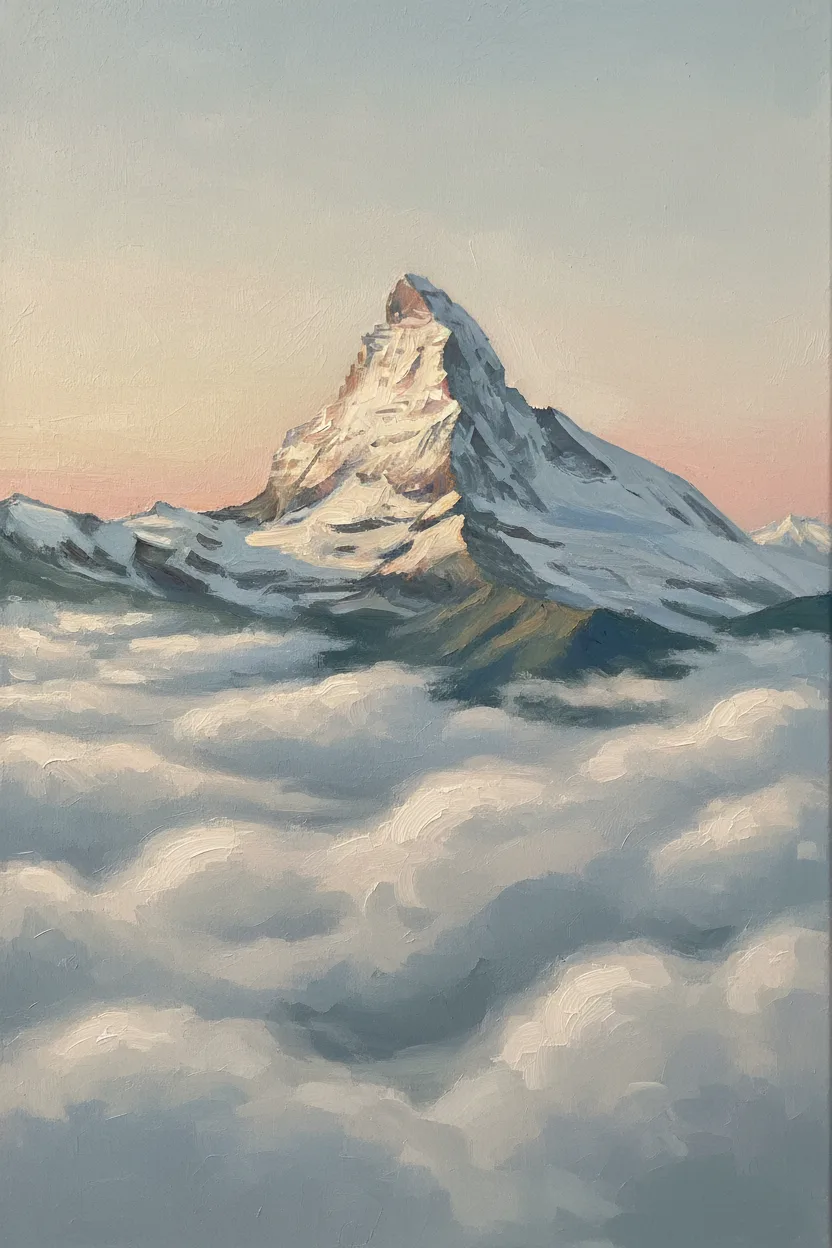 A single snowy mountain peak rising above clouds at pink dawn