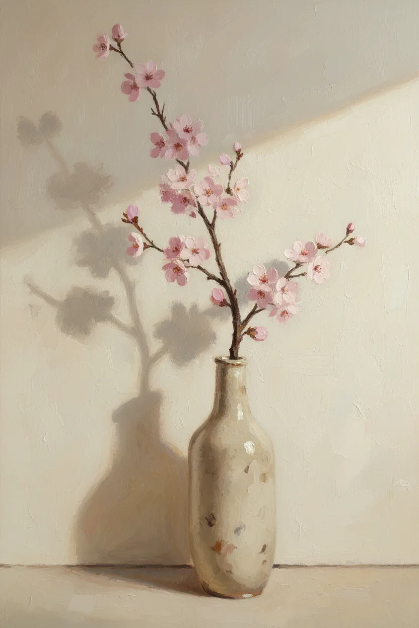 A single cherry blossom branch in a slim ceramic vase against a pale wall