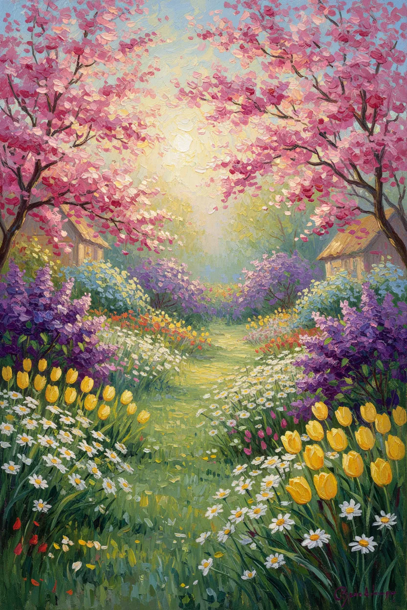 A lush spring cottage garden in full bloom with cherry blossoms