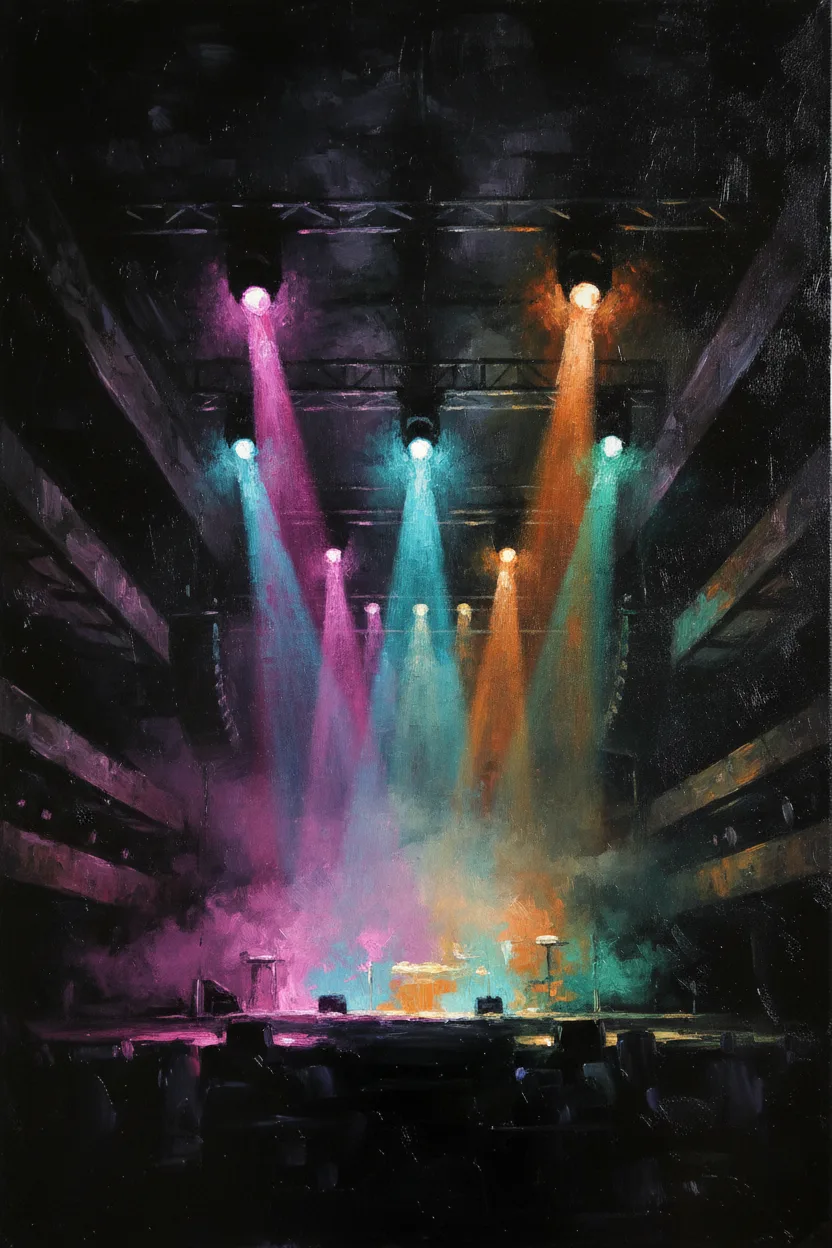 Dramatic colorful concert stage lights beaming down in a dark hall