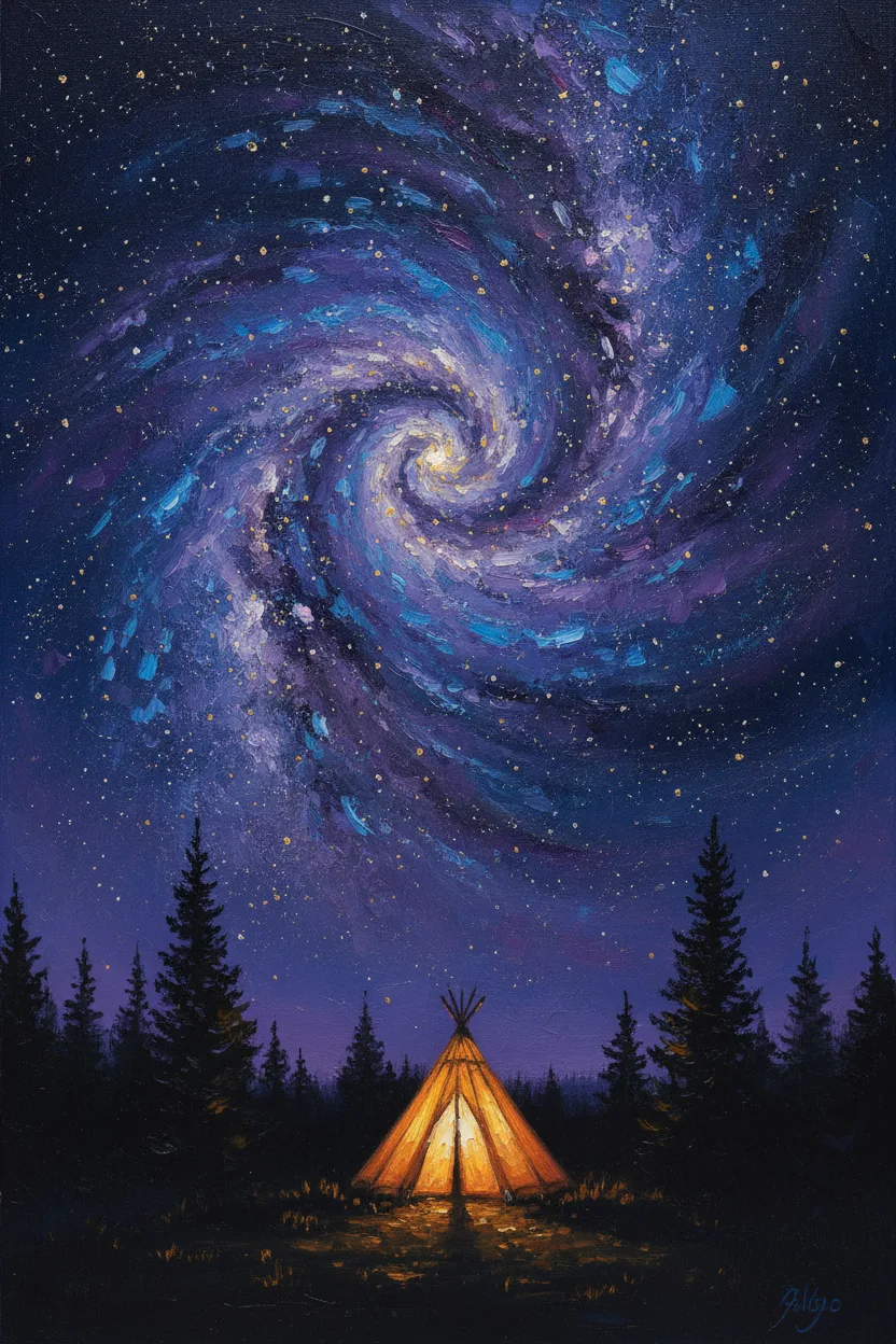 A glowing tent under the vast Milky Way framed by pines