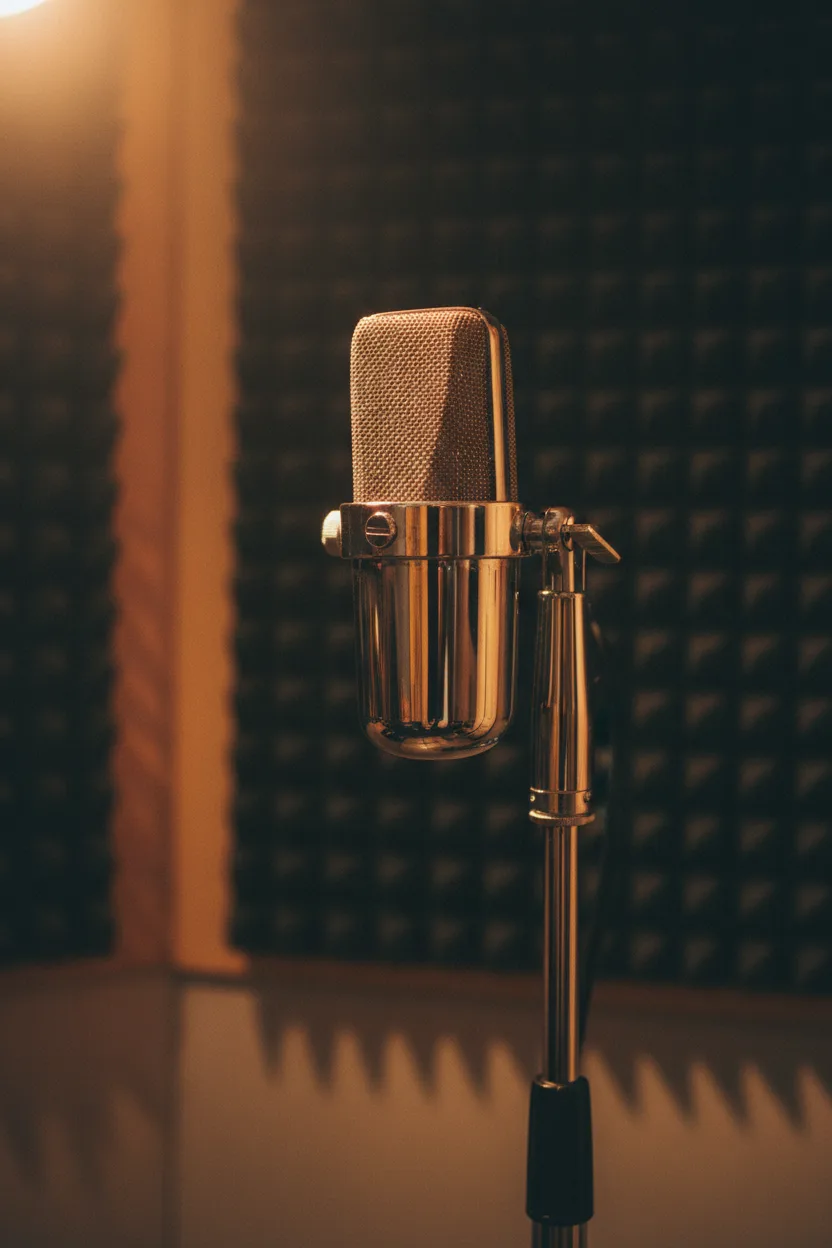 A real photograph of a vintage chrome studio microphone with blurred acoustic foam behind