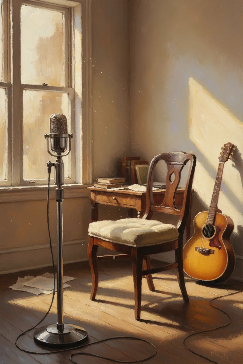 A quiet home recording studio with vintage microphone and guitar