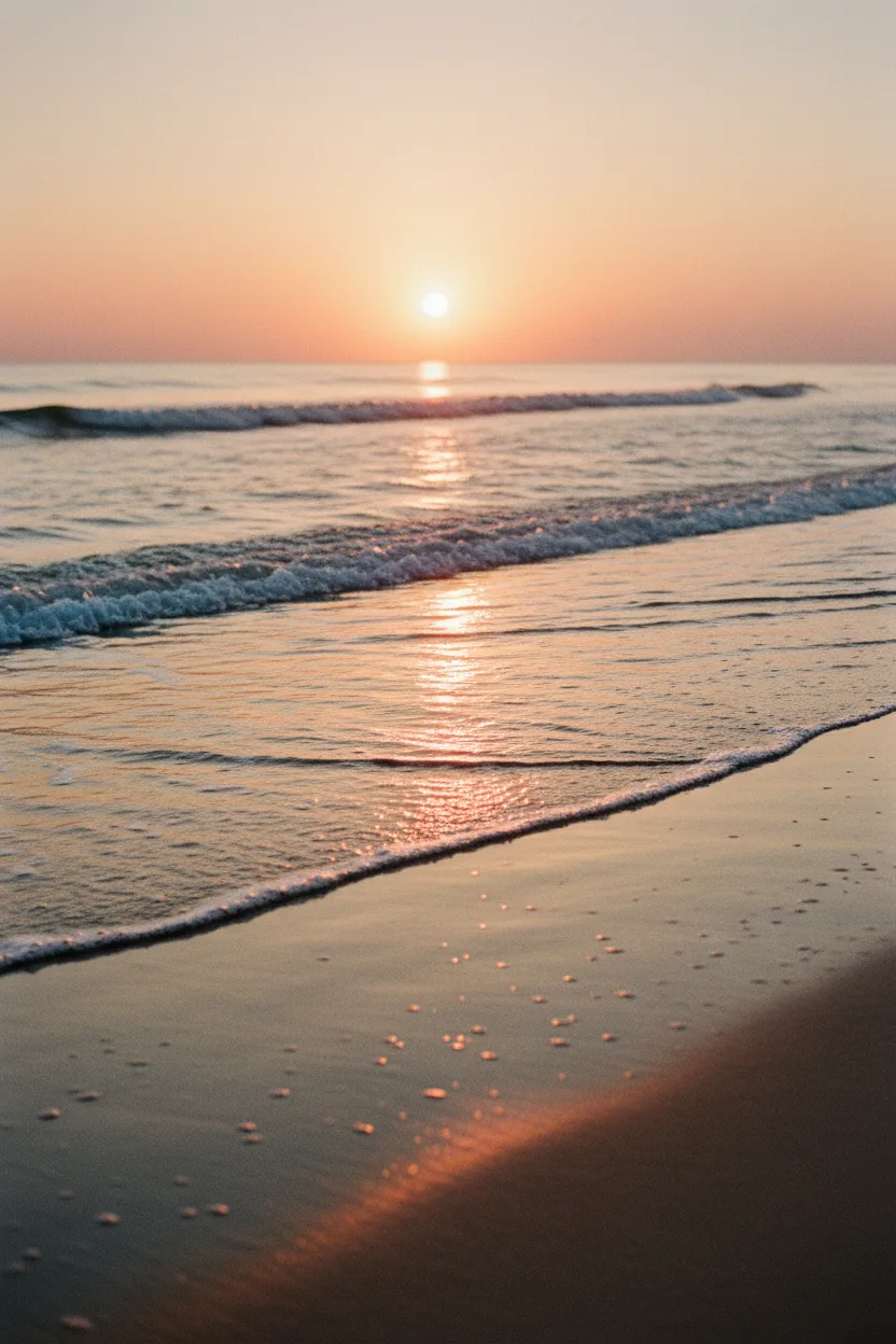 A real photograph of a summer beach at sunset with wet sand reflecting the sky